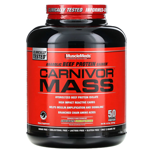 MuscleMeds, Carnivor Mass, Anabolic Beef Protein Gainer, Chocolate Peanut Butter, 5.9 lbs (2,674 g) - Image 1