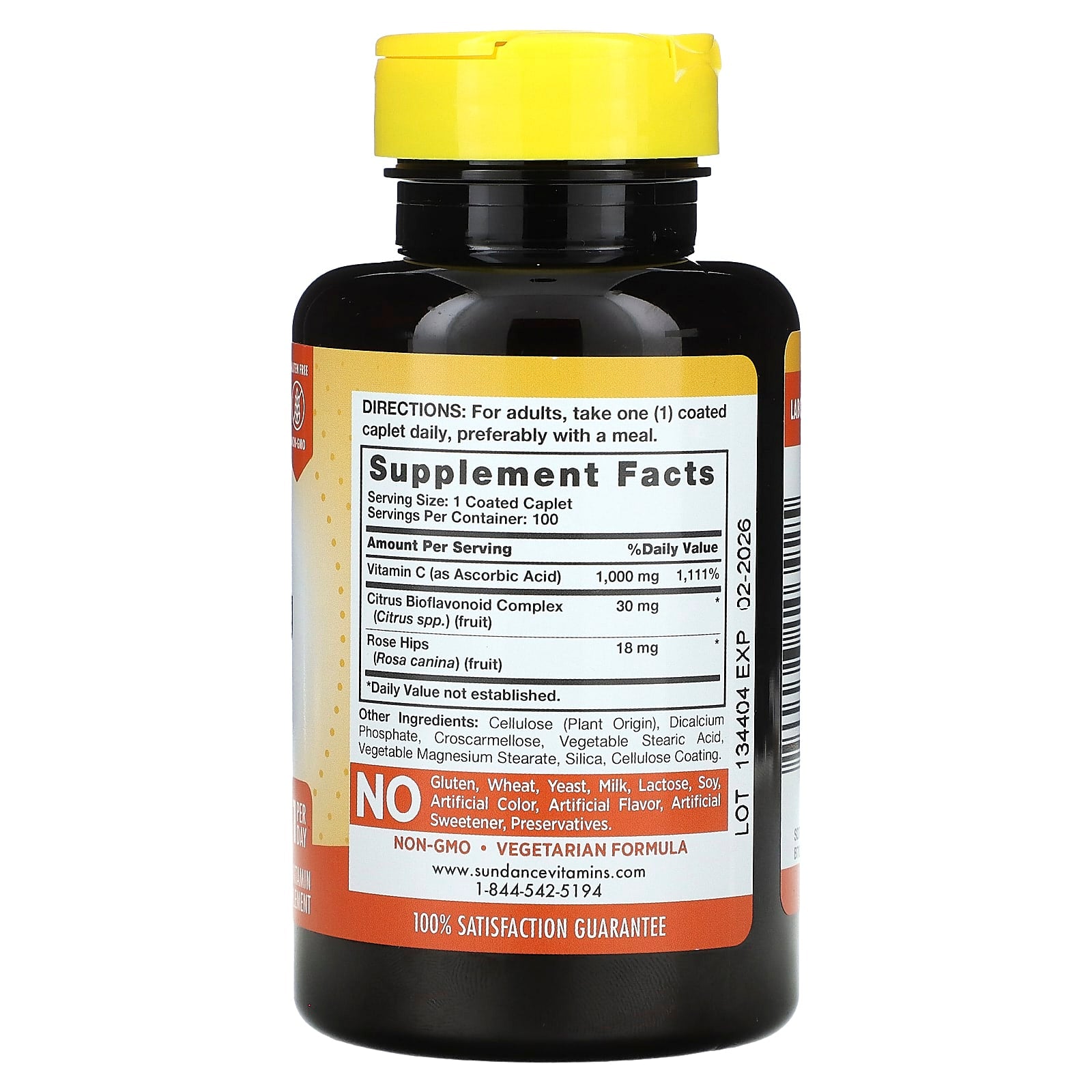 Sundance Vitamins, C + Bioflavonoids & Rose Hips, 100 Coated Caplets - Image 2
