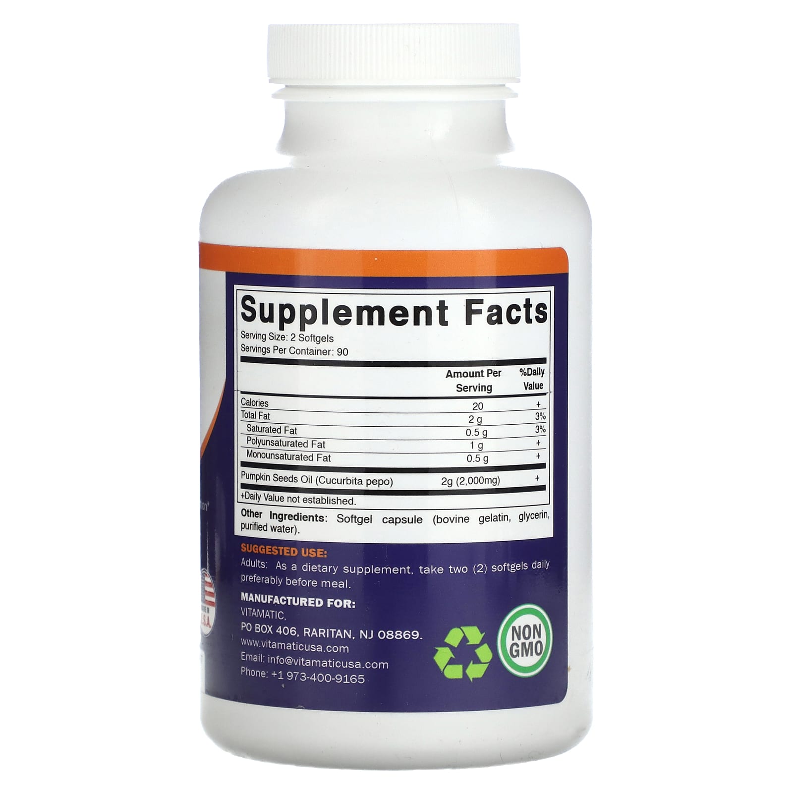 Vitamatic, Pumpkin Seed Oil, 2,000 mg, 180 Softgels (1,000 mg per Softgel) - Image 2