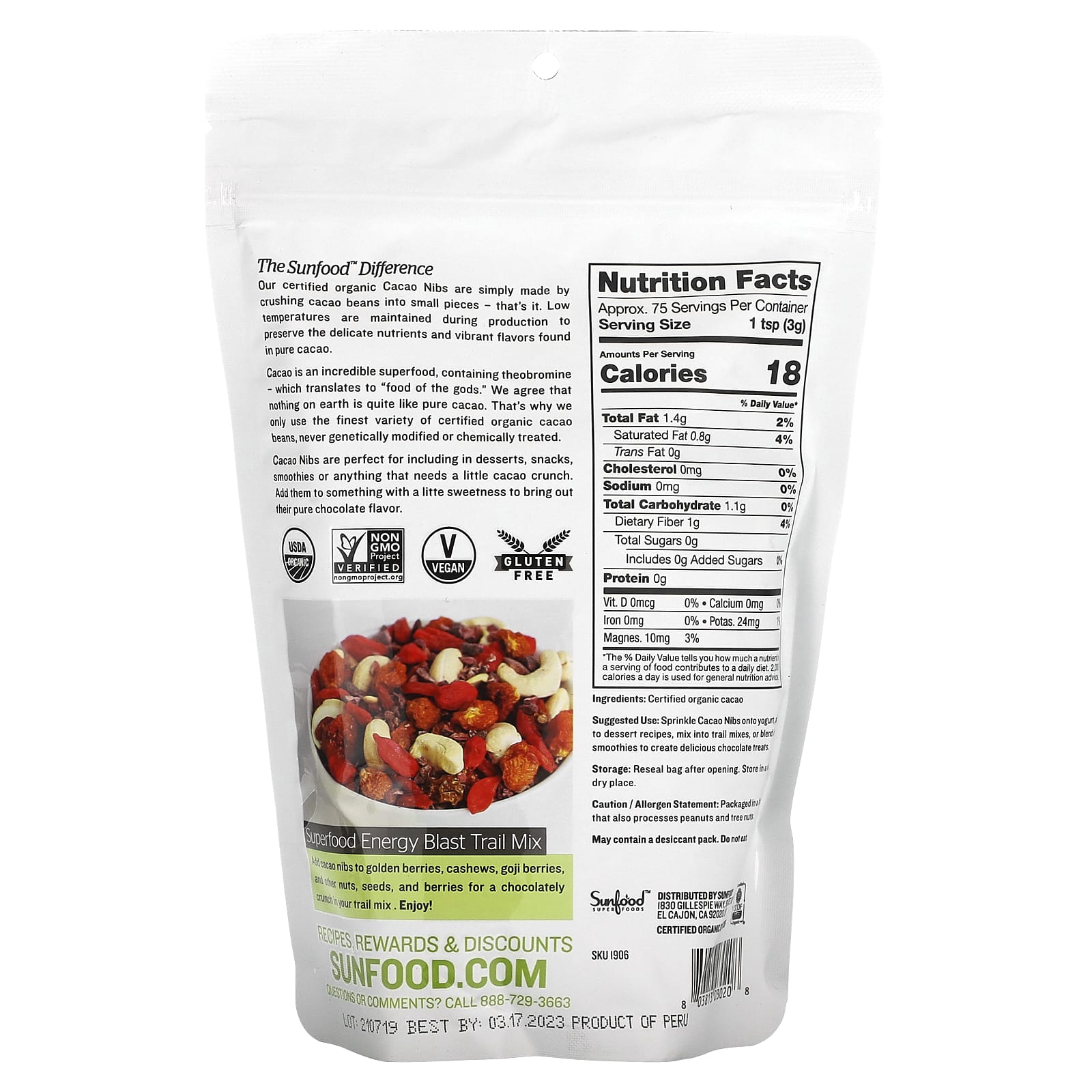 Sunfood, Organic Cacao Nibs, 8 oz (227 g) - Image 2