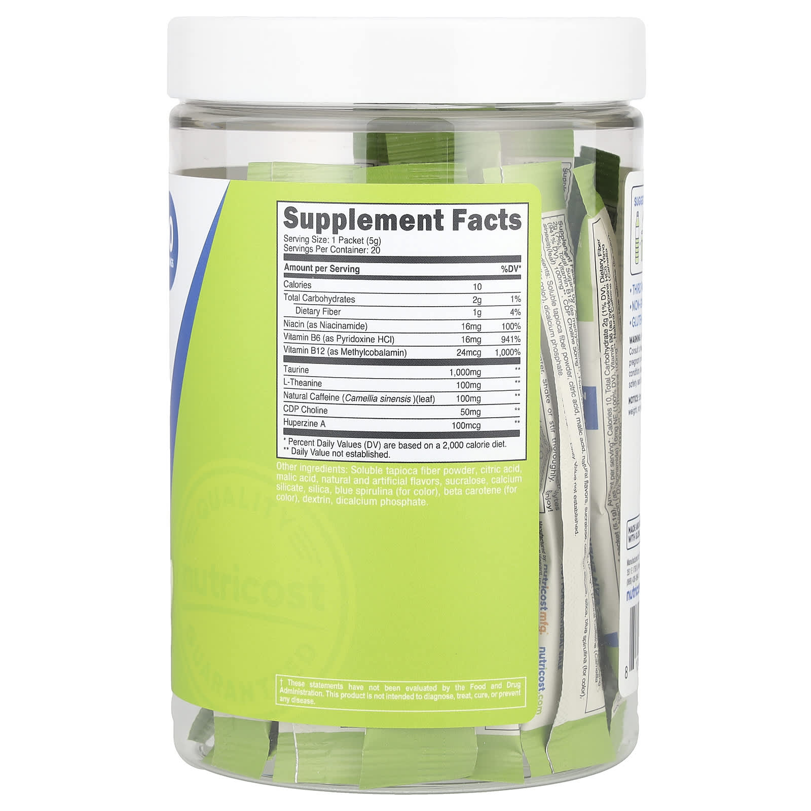 Nutricost, Energy, Clean Energy Powder, Green Apple, 20 Stick Packs, 0.18 oz (5 g) Each - Image 2