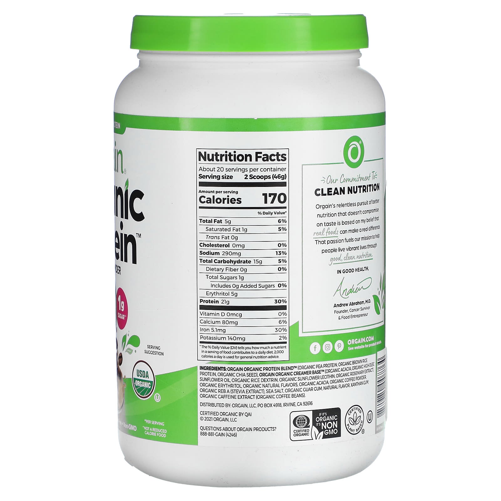 Orgain, Organic Protein Powder, Plant-Based, Iced Coffee, 2.03 lbs (920 g) - Image 2