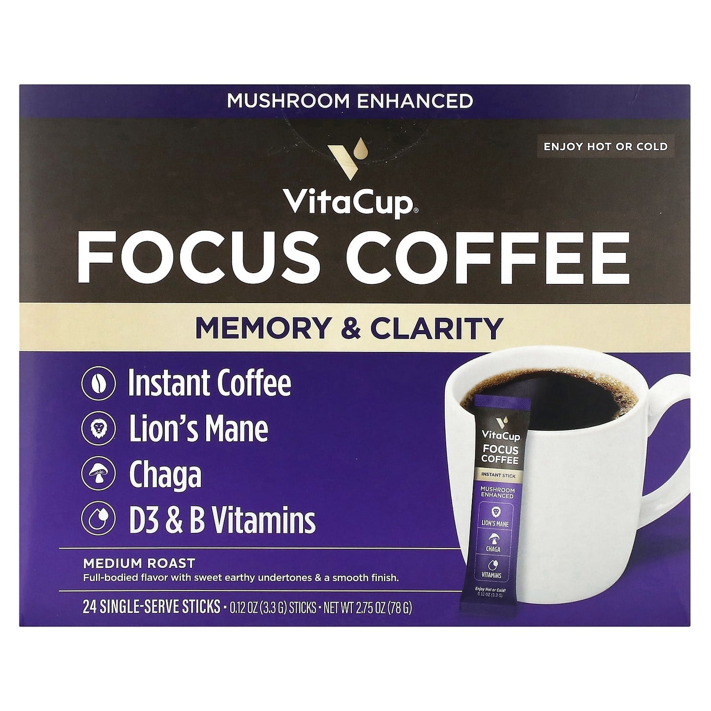 VitaCup, Focus Instant Coffee, Medium Roast, 24 Single-Serve Sticks, 0.12 oz (3.3 g) Each - Image 1