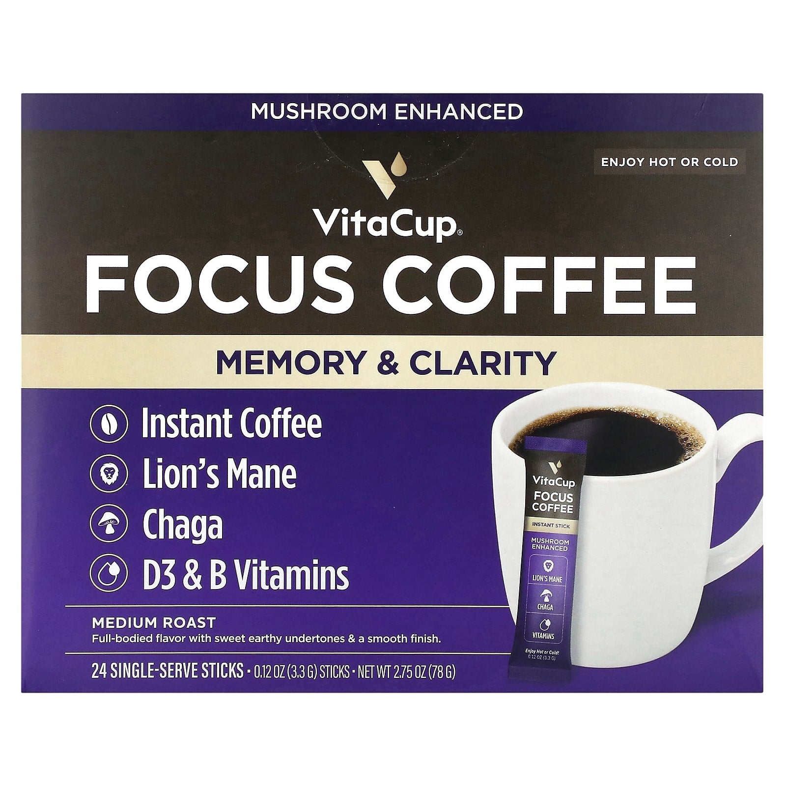 VitaCup, Focus Instant Coffee, Medium Roast, 24 Single-Serve Sticks, 0.12 oz (3.3 g) Each - Image 1