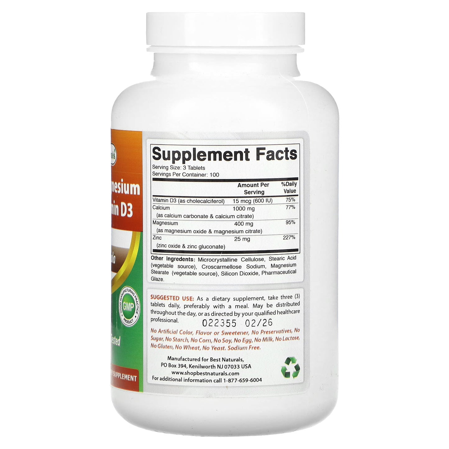 Calcium Magnesium Zinc + Vitamin D3 Supplement by Best Naturals - 300 Tablets - Image 2
