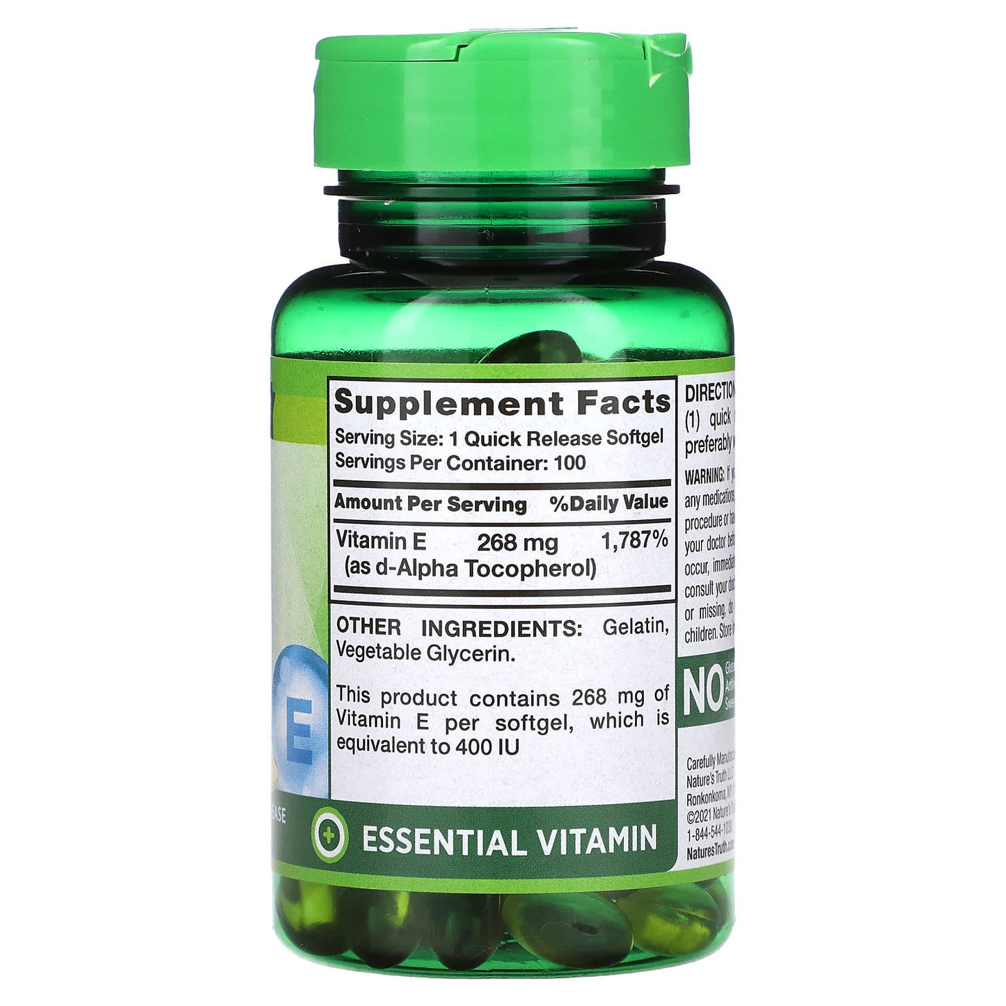 Nature's Truth, Natural E, 268 mg (400 IU), 100 Quick Release Softgels - Image 2