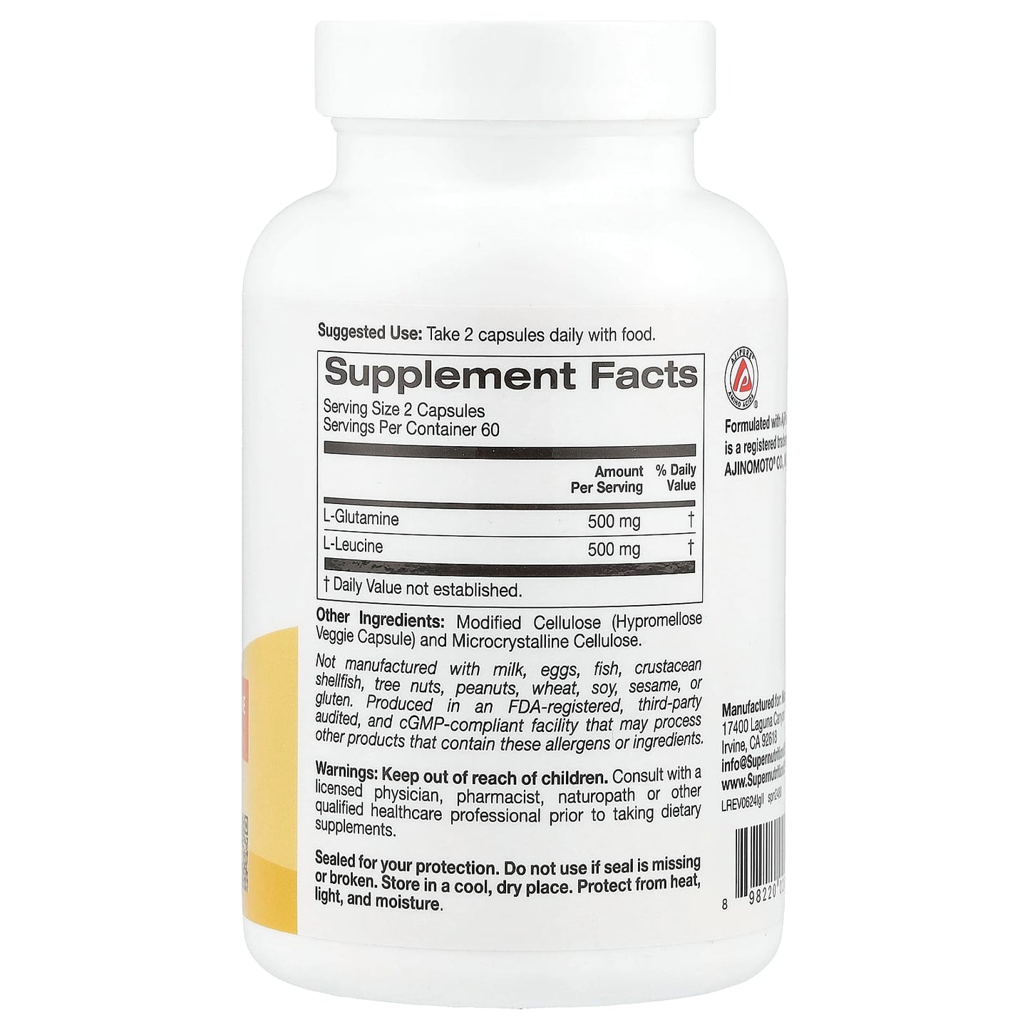 L-Glutamine + L-Leucine Supplement 120 Veggie Capsules - Image 2
