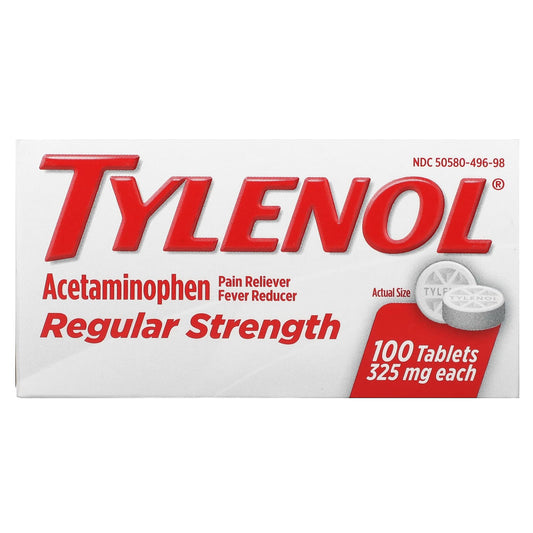 Tylenol, Regular Strength, Acetaminophen Pain Reliever Fever Reducer for Adults, 325 mg, 100 Tablets - Image 1