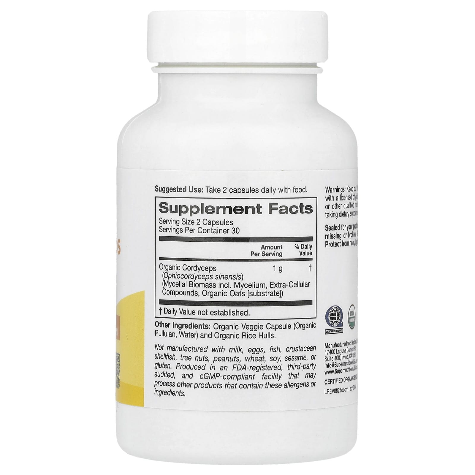Super Nutrition Organic Cordyceps 1g, 60 Veggie Capsules - USDA Organic - Image 2