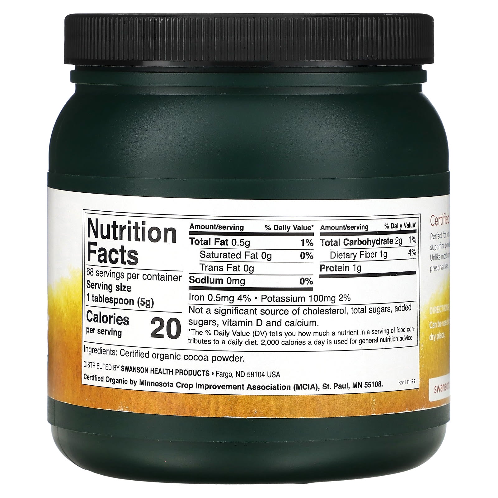 Swanson, Certified Organic Cocoa Powder, Unsweetened, 12 oz (340 g) - Image 2