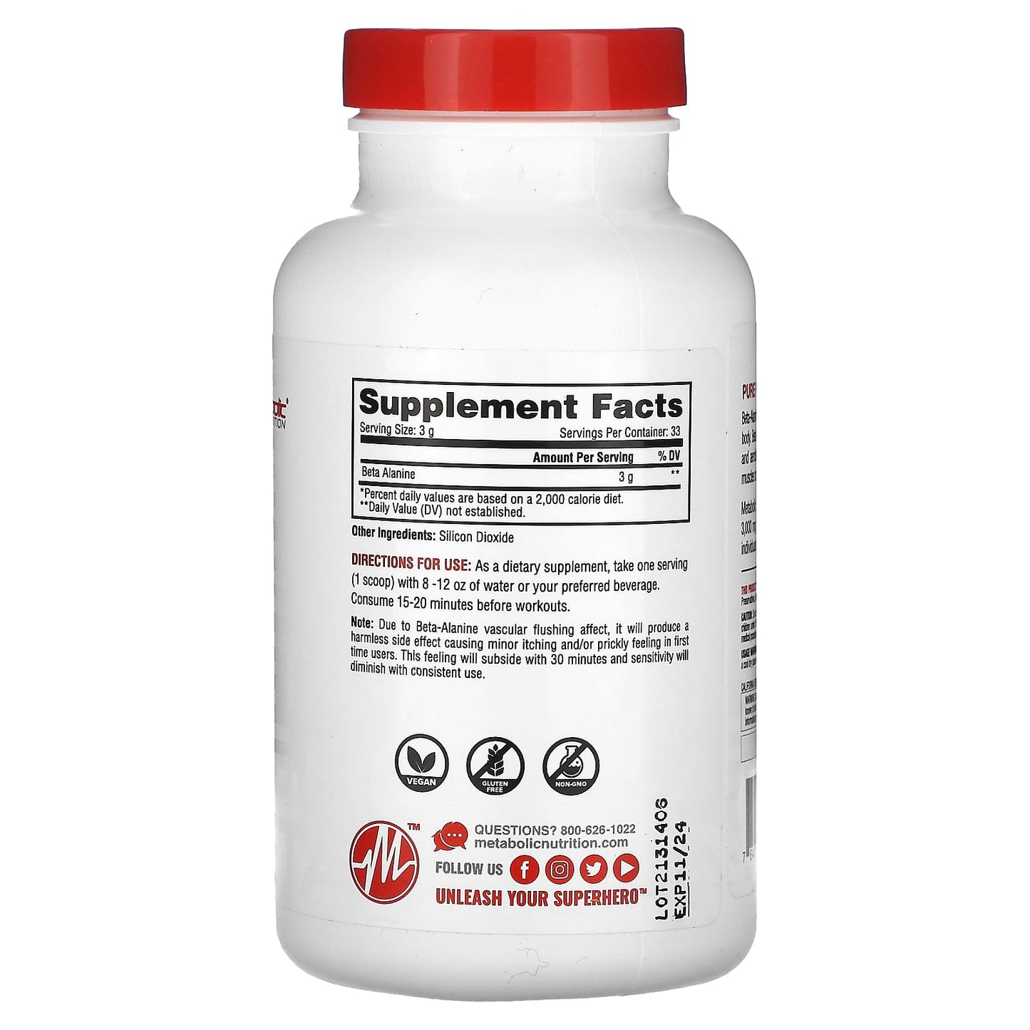 Metabolic Nutrition, Beta-Alanine, Unflavored , 3.52 oz (100 g) - Image 2