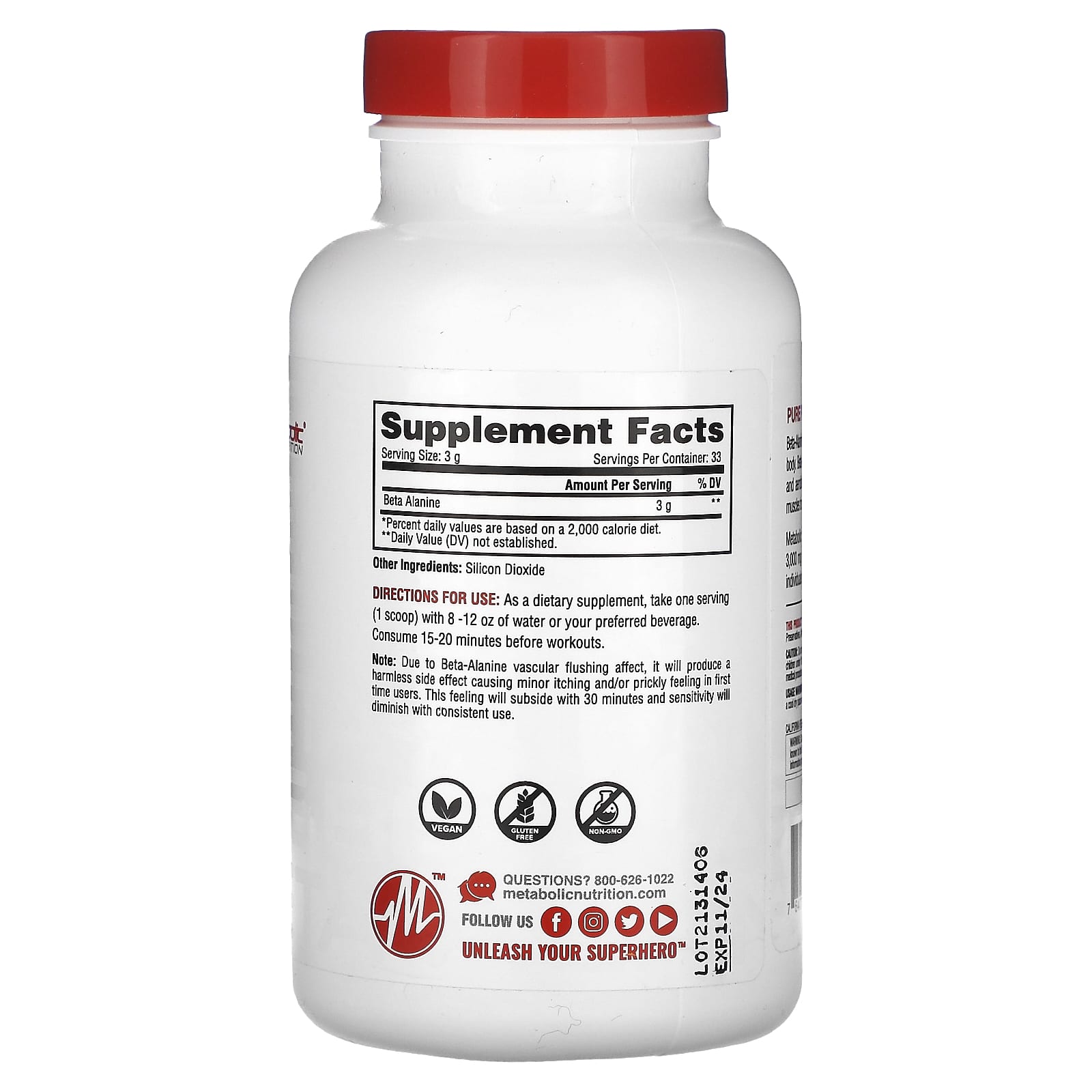 Metabolic Nutrition, Beta-Alanine, Unflavored , 3.52 oz (100 g) - Image 2