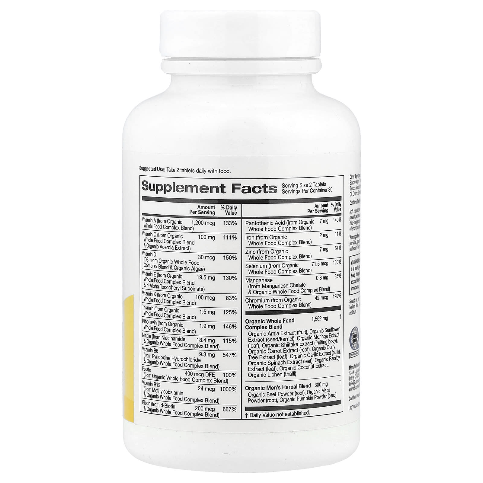 Organic Men's Multivitamin - 40+ with Amla, Moringa & Shiitake - 60 Tablets - Image 2