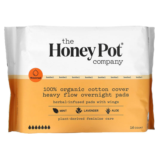 The Honey Pot Company, 100% Organic Cotton Cover Heavy Flow Overnight Pads, 16 Count - Image 1