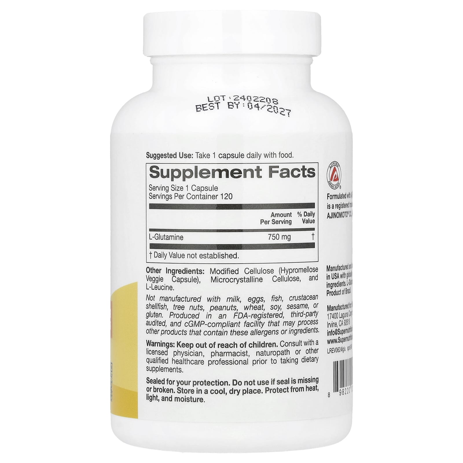 Super Nutrition L-Glutamine 750mg, 120 Veggie Capsules, Non-GMO, Gluten-Free, Vegan - Image 2
