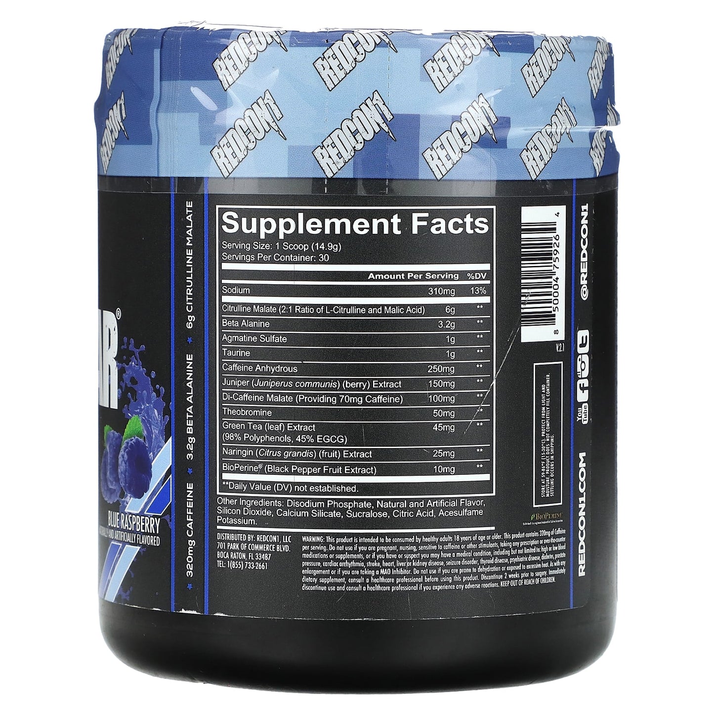 Redcon1, Total War, Pre-Workout, Blue Raspberry, 15.77 oz (447 g) - Image 2