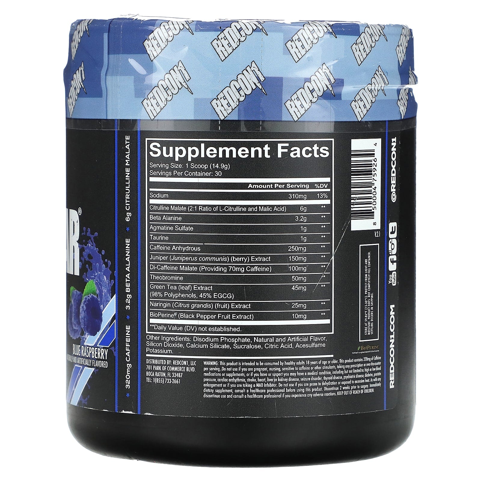 Redcon1, Total War, Pre-Workout, Blue Raspberry, 15.77 oz (447 g) - Image 2