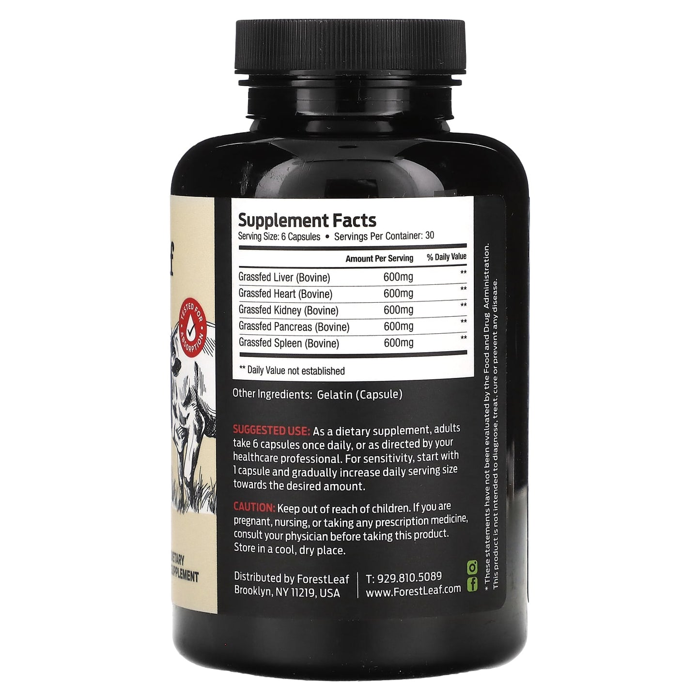 Grass Fed Beef Organs, 3000mg, 180 Capsules - Forest Leaf - Image 2