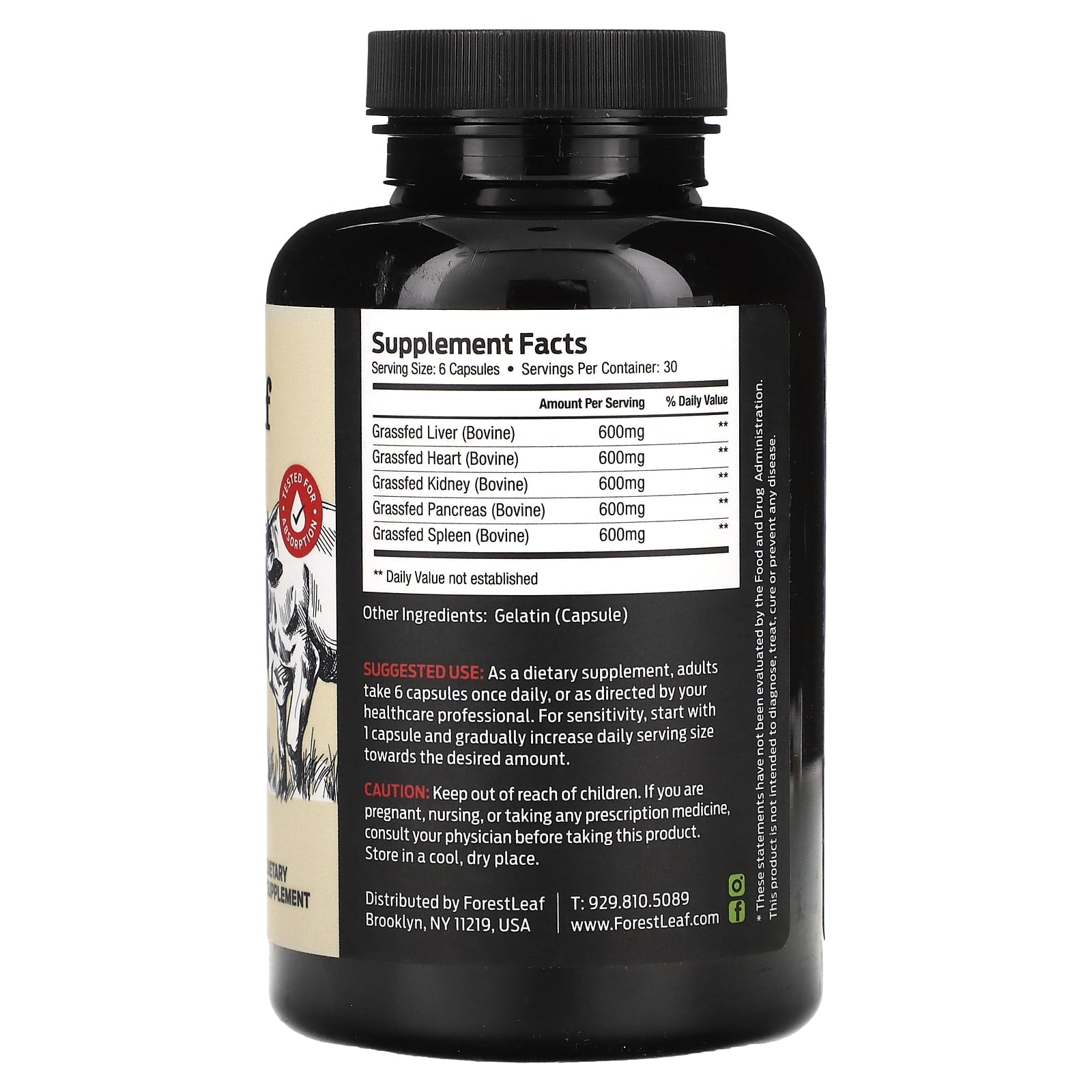 Grass Fed Beef Organs, 3000mg, 180 Capsules - Forest Leaf - Image 2