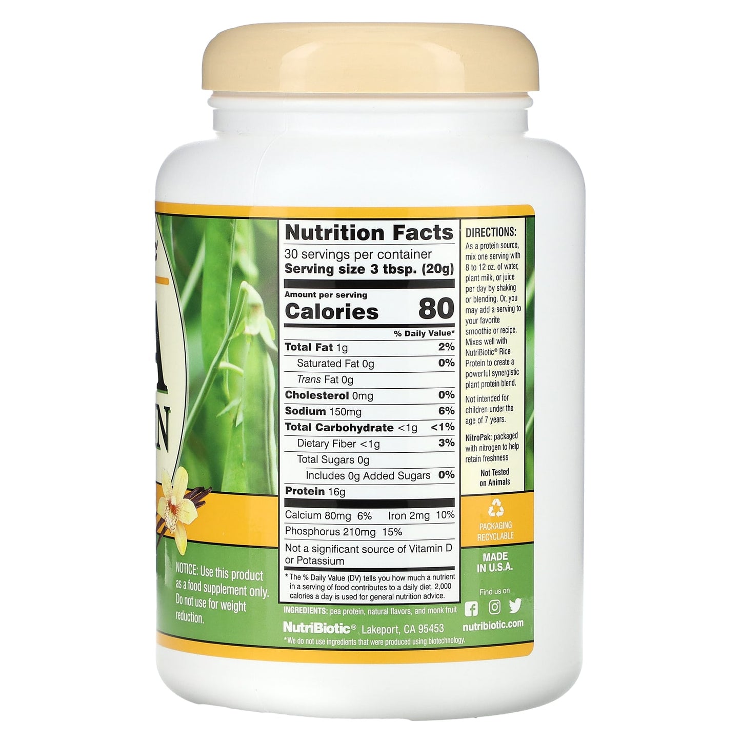 NutriBiotic, Pea Protein Powder, Vanilla , 21.16 oz (600 g) - Image 2