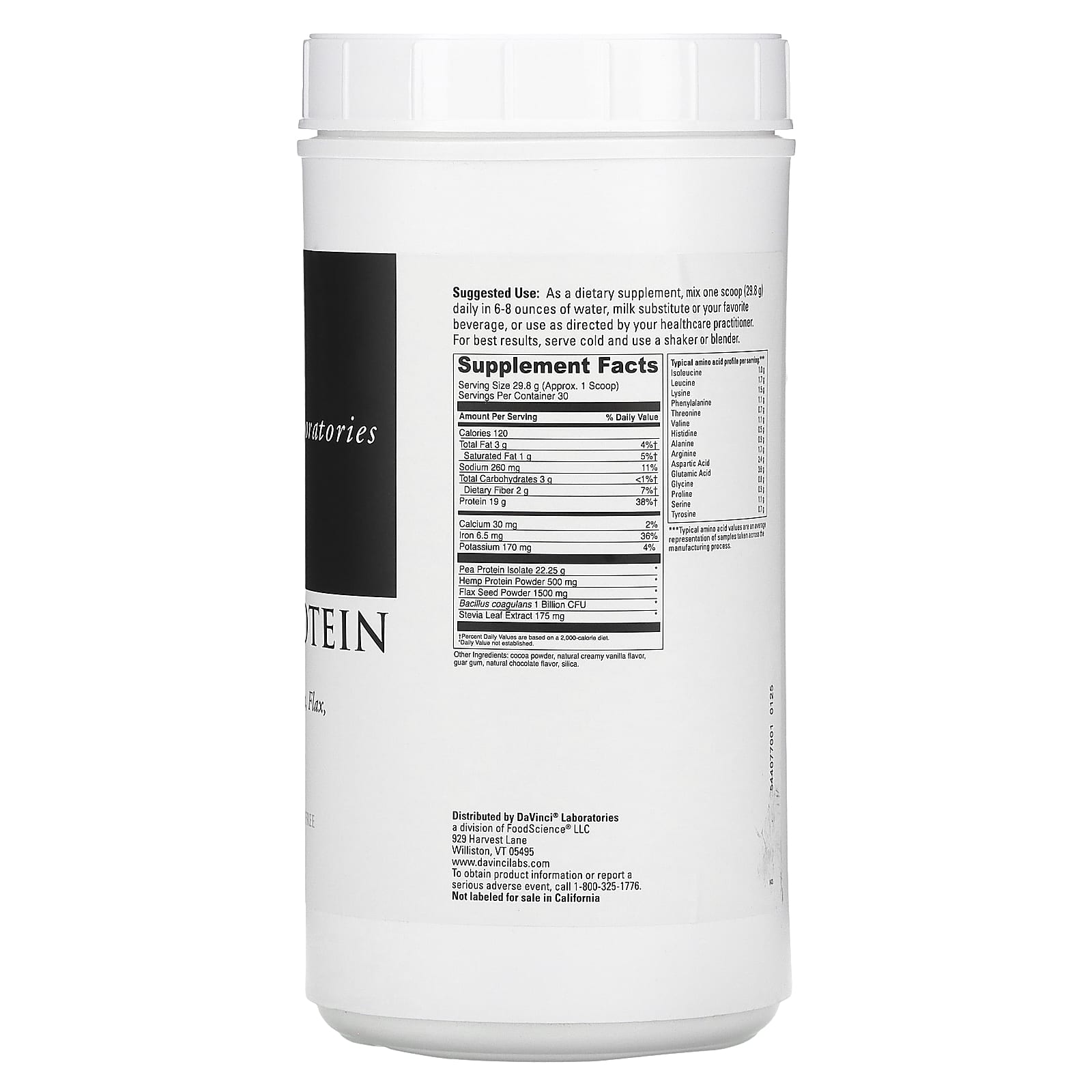 DaVinci Laboratories Creamy Chocolate Vegan Protein Powder - 31.54 oz - Image 2