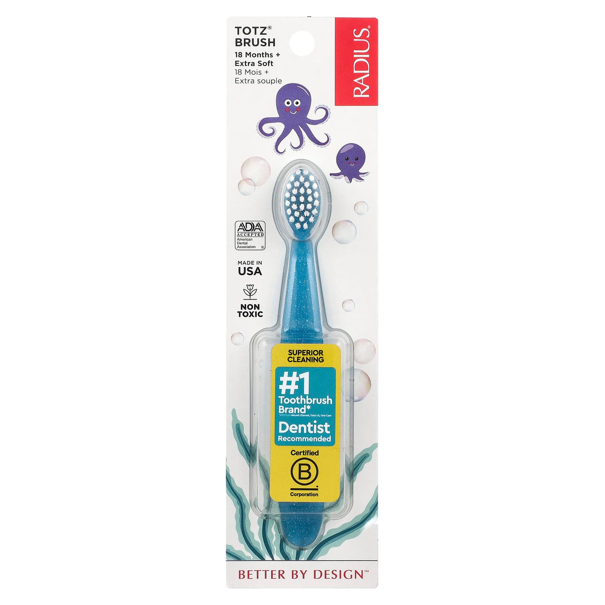 RADIUS, Totz® Toothbrush, 18 + Months, Extra Soft, Light Blue Sparkle, 1 Toothbrush - Image 1