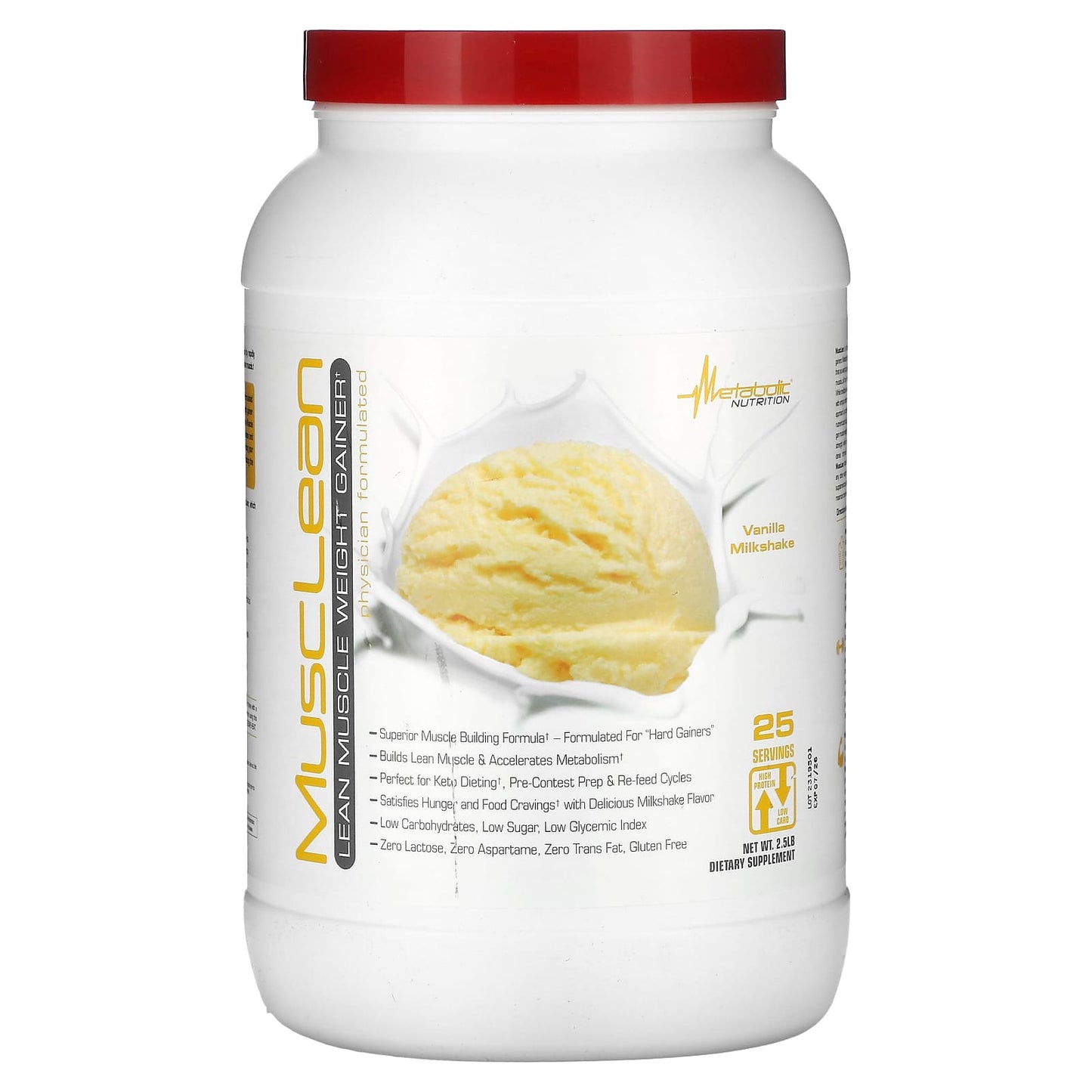 Metabolic Nutrition, MuscLean, Lean Muscle Weight Gainer, Vanilla Milkshake, 2.5 lb - Image 1