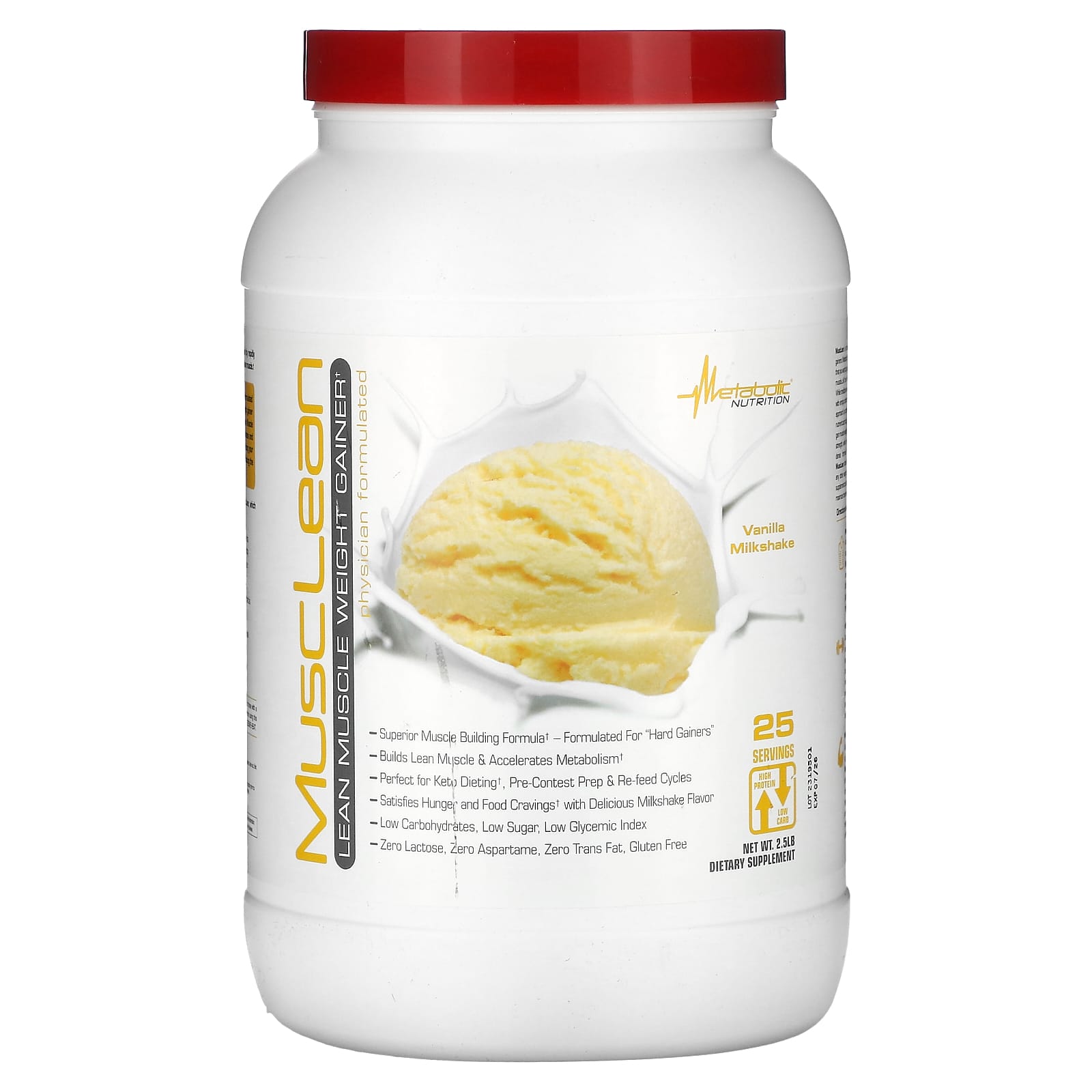 Metabolic Nutrition, MuscLean, Lean Muscle Weight Gainer, Vanilla Milkshake, 2.5 lb - Image 1