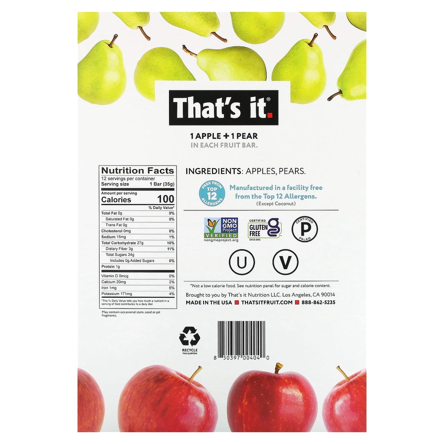 That's It, Fruit Bar, Apple + Pear, 12 Bars, 1.2 oz (35 g) Each - Image 2