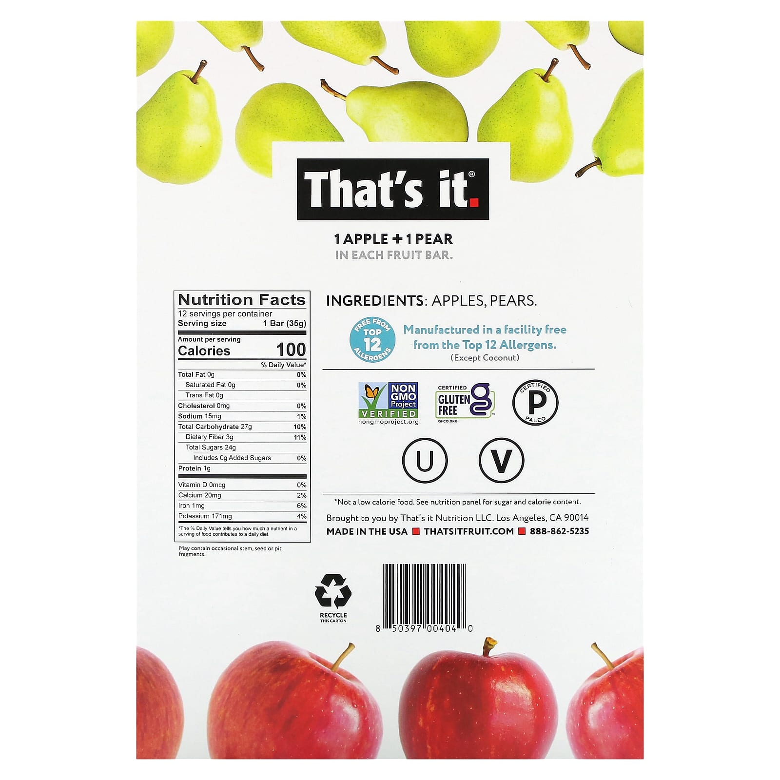 That's It, Fruit Bar, Apple + Pear, 12 Bars, 1.2 oz (35 g) Each - Image 2