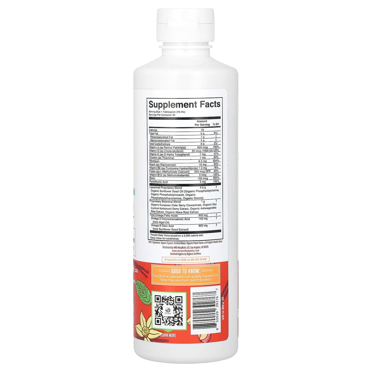 MaryRuth's, Organic Men's Multivitamin Liposomal, Vanilla Peach, 15.22 fl oz (450 ml) - Image 2