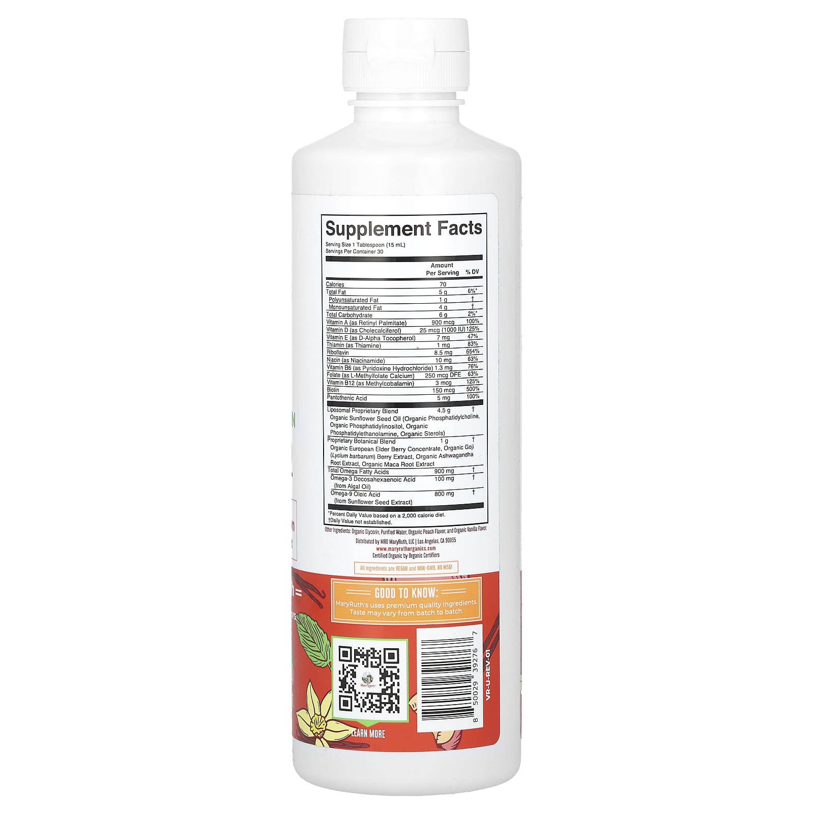 MaryRuth's, Organic Men's Multivitamin Liposomal, Vanilla Peach, 15.22 fl oz (450 ml) - Image 2