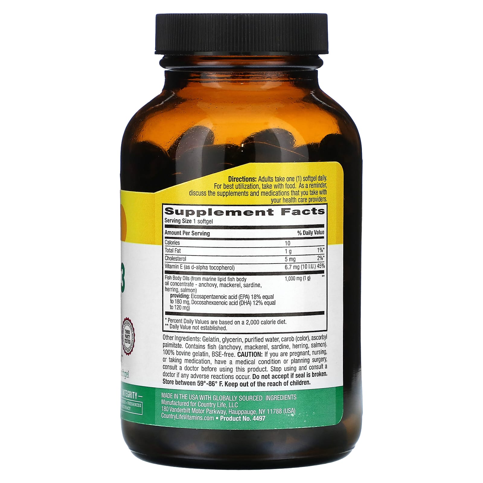 Country Life Omega-3 Fish Oil Supplements, 1000mg, 100 Softgels - Image 2