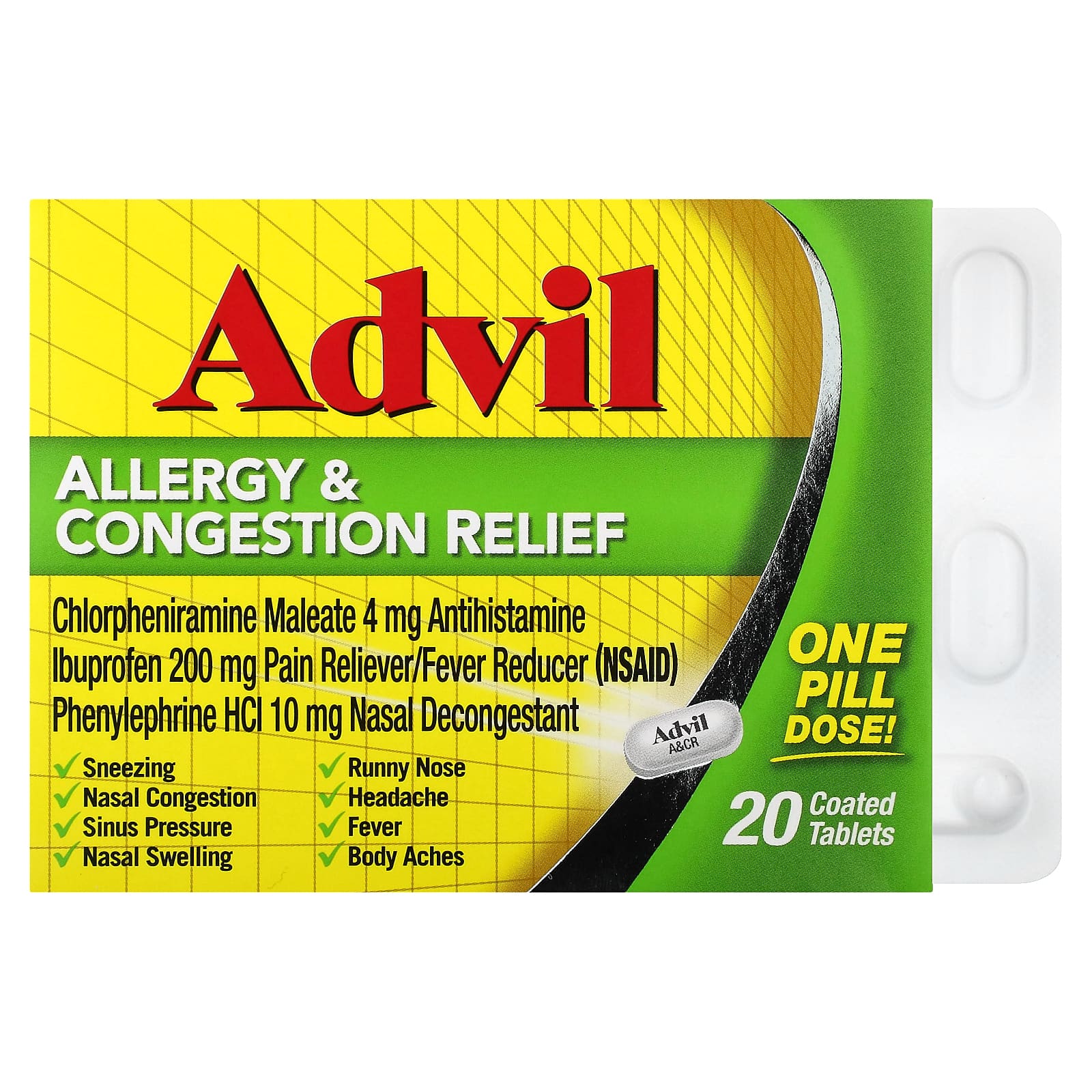 Advil Allergy & Congestion Relief, 20 Tablets for Sinus Pressure - Image 1