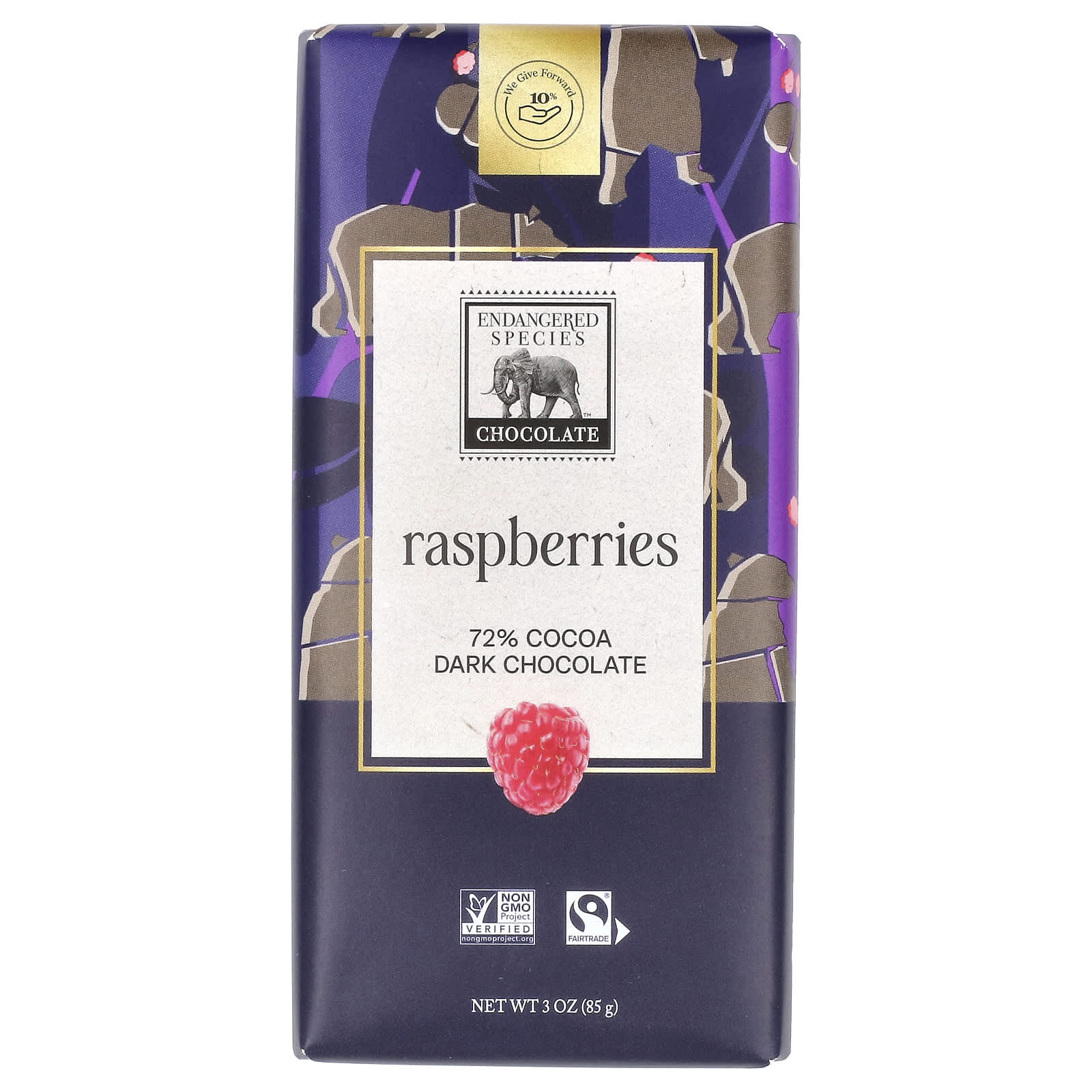 Raspberries & Dark Chocolate Bar by Endangered Species Chocolate - Image 1