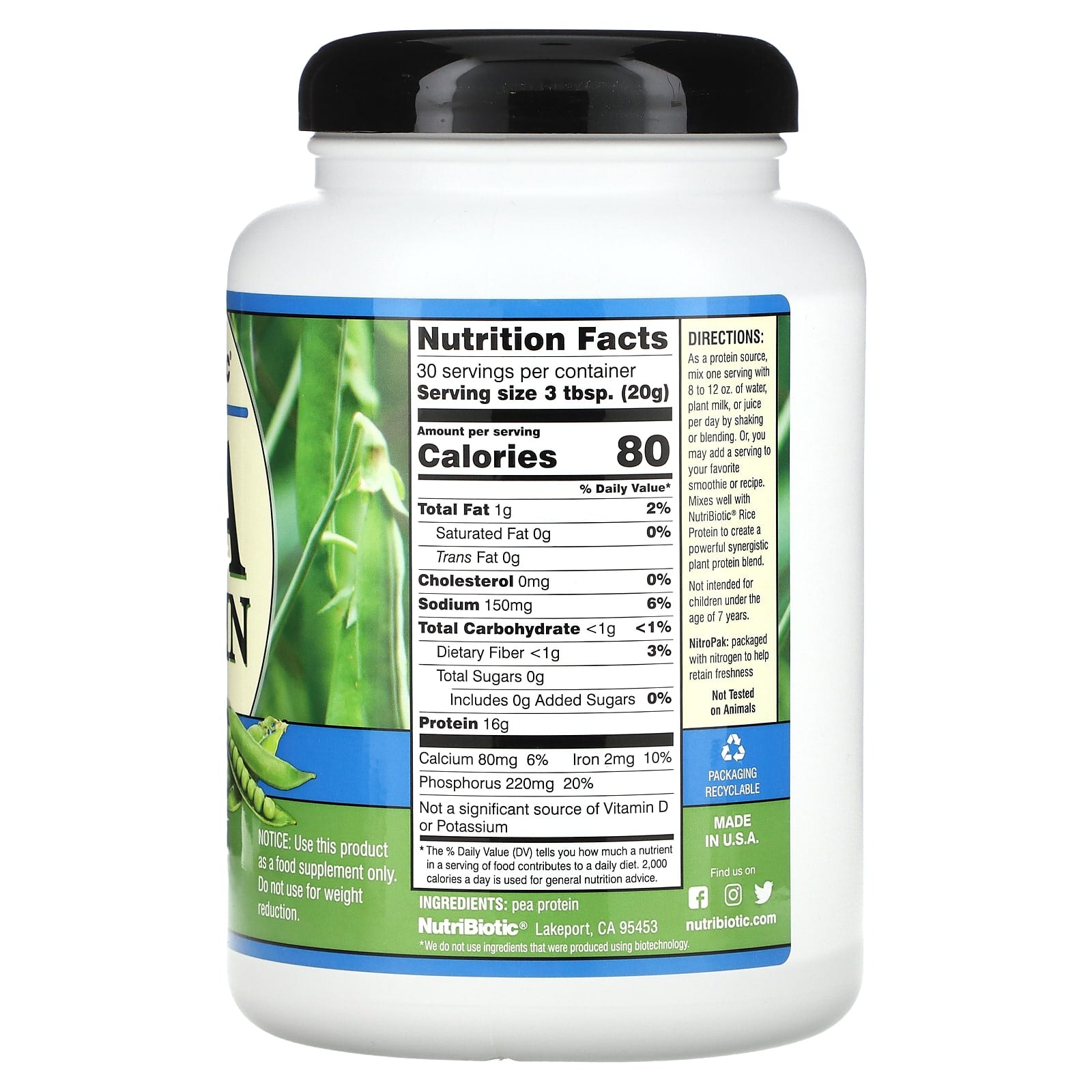 NutriBiotic, Pea Protein Powder, Plain, 21.16 oz (600 g) - Image 2