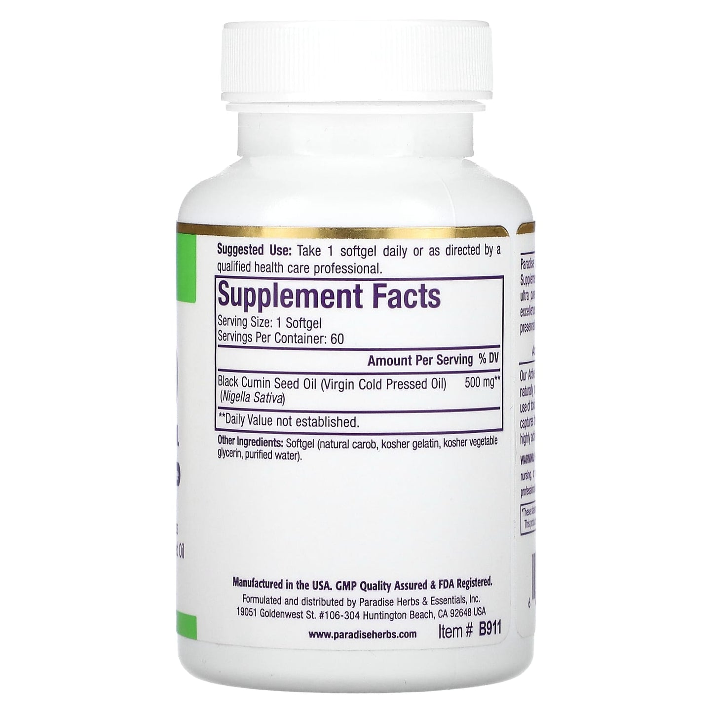 Paradise Herbs, Black Seed, 500 mg, 60 Softgels - Image 2