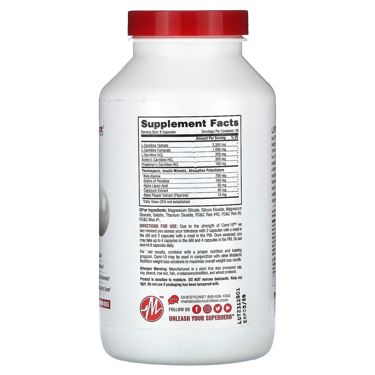 Metabolic Nutrition, Carni-10, 5,000 mg, 240 Capsules (625 mg per Capsule) - Image 2
