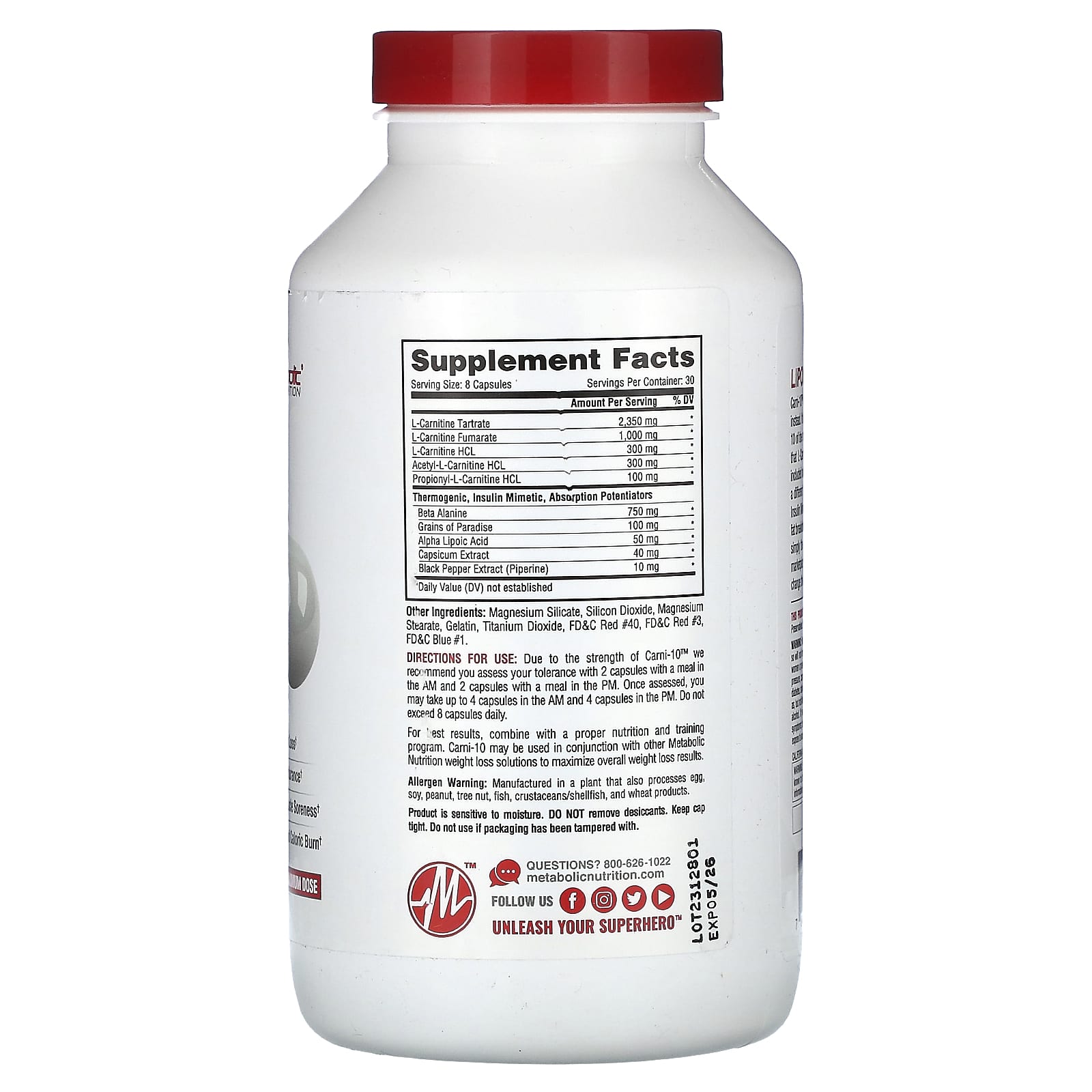 Metabolic Nutrition, Carni-10, 5,000 mg, 240 Capsules (625 mg per Capsule) - Image 2