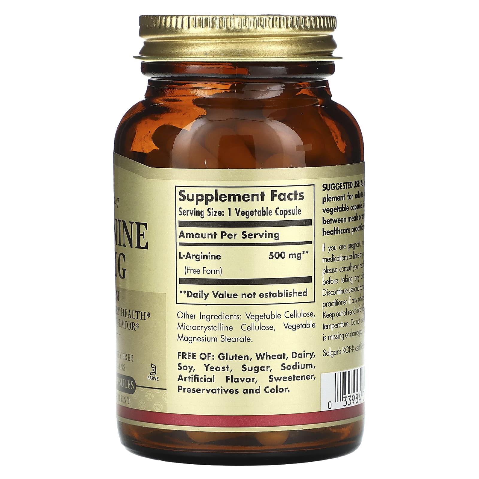 Solgar, L-Arginine, 500 mg, 100 Vegetable Capsules - Image 2