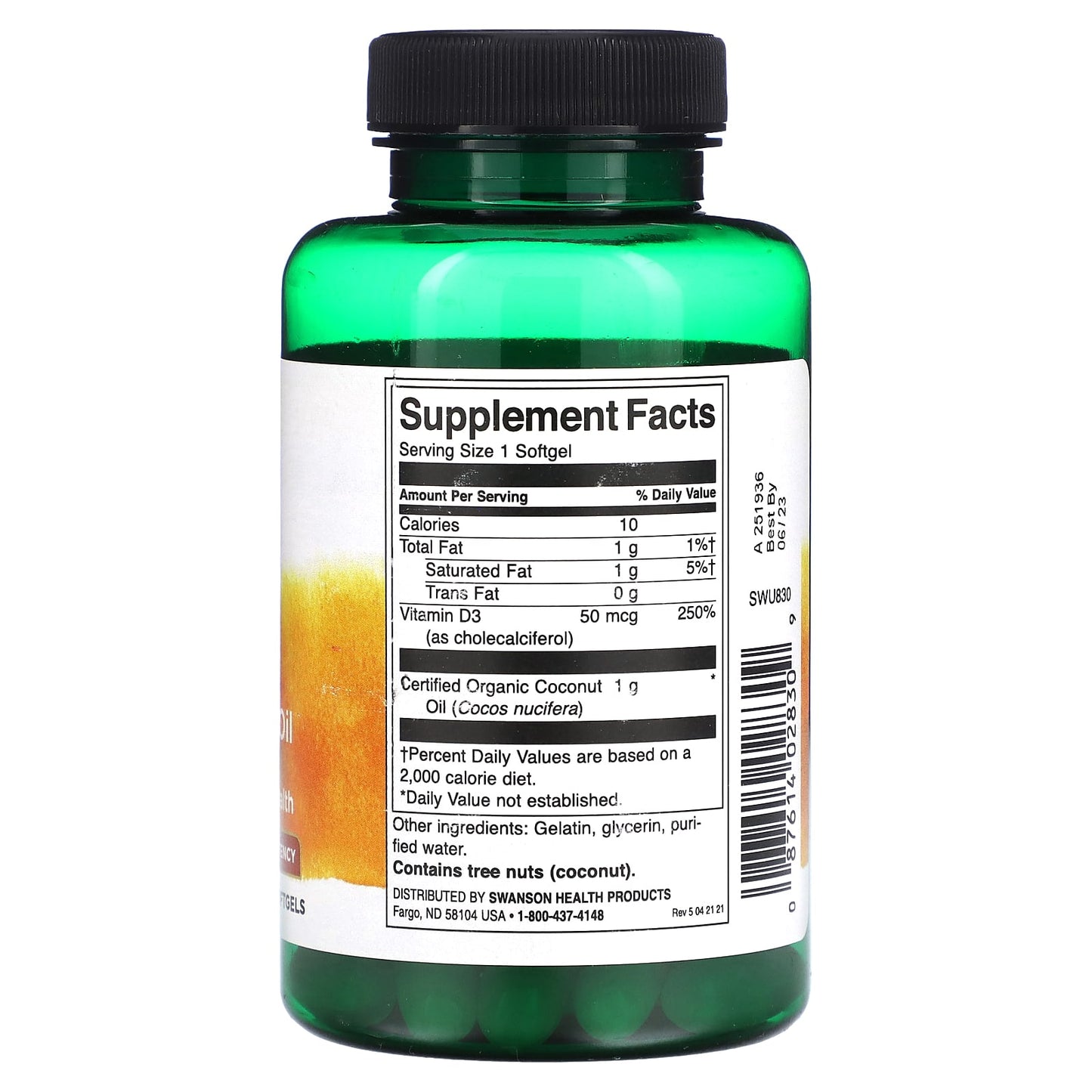 Swanson, D3 with Coconut Oil, High Potency, 50 mcg (2,000 IU), 60 Softgels - Image 2