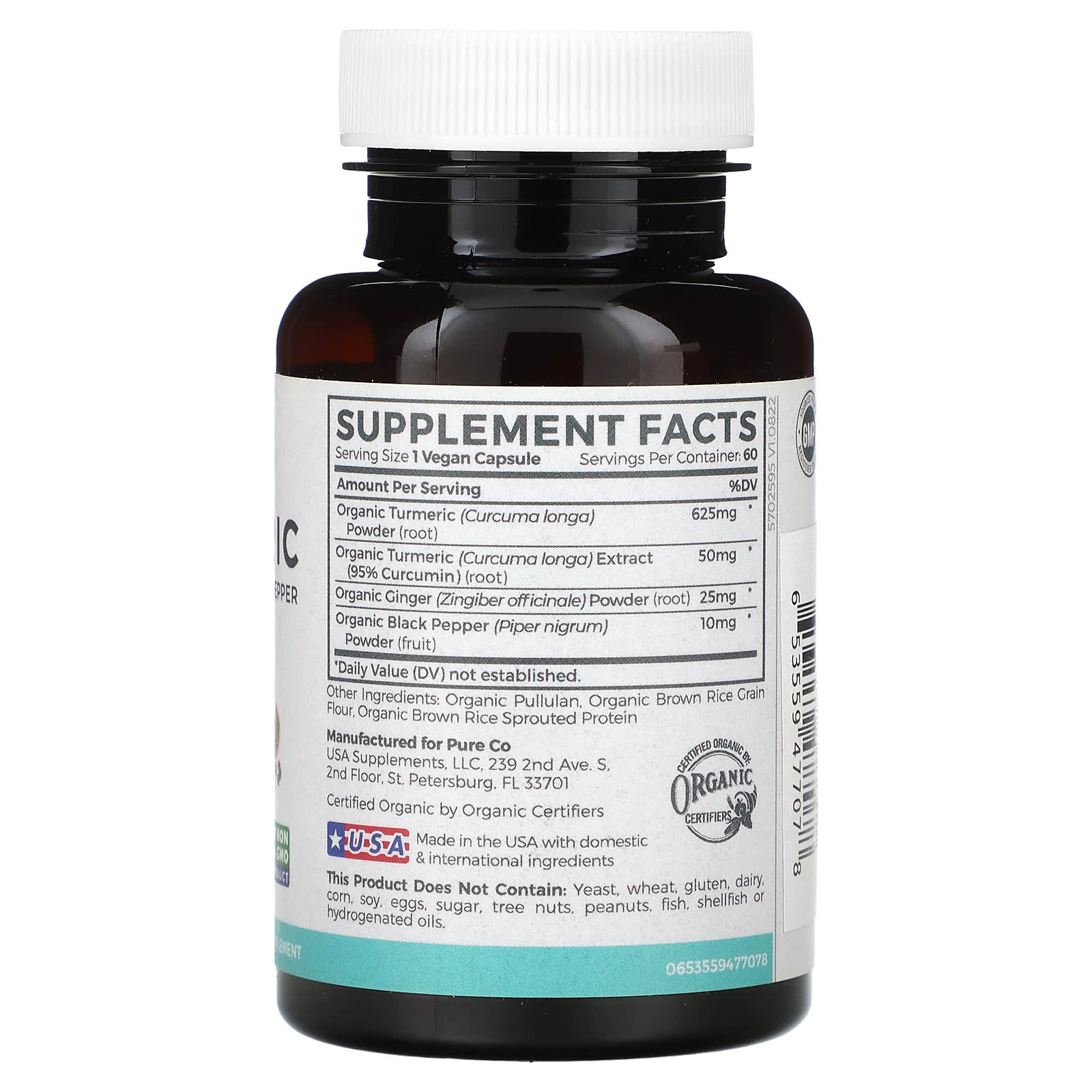 Pure Co., Organic Turmeric With Ginger & Black Pepper, 60 Vegan Capsules - Image 2