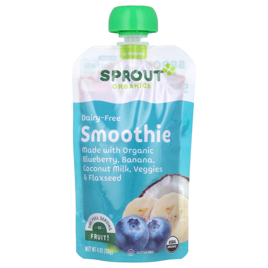 Sprout Organics, Baby Food, Smoothie, 12 Months & Up, Blueberry, Banana, Coconut Milk, Veggies & Flaxseed, 4 oz (113 g) - Image 1