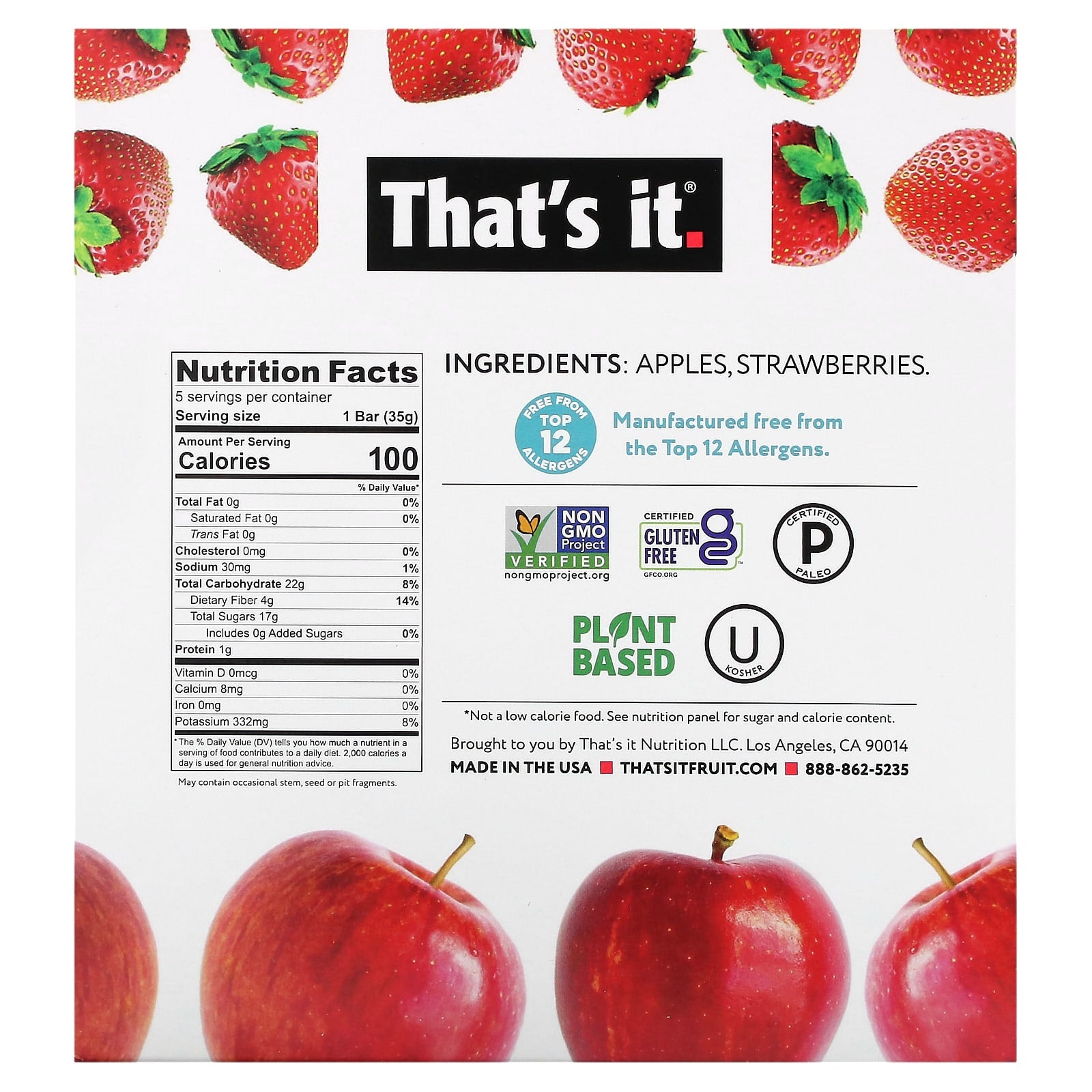 That's It, Fruit Bar, Apple + Strawberries, 5 Bars, 1.2 oz (35 g) Each - Image 2