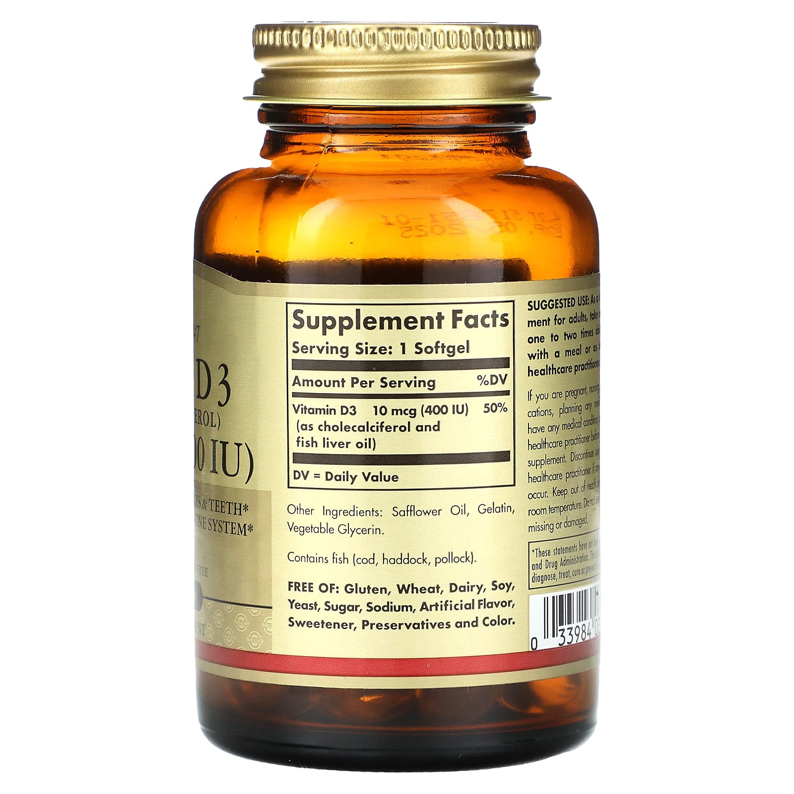 Solgar, Vitamin D3 (Cholecalciferol), 10 mcg (400 IU), 100 Softgels - Image 2