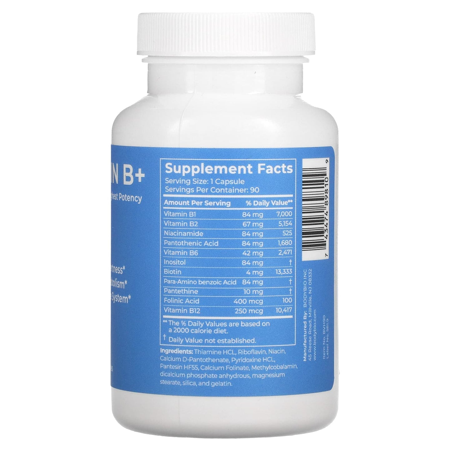 Unlock Full Body Potential with BodyBio Vitamin B+ Capsules - 90 Non-GMO - Image 2
