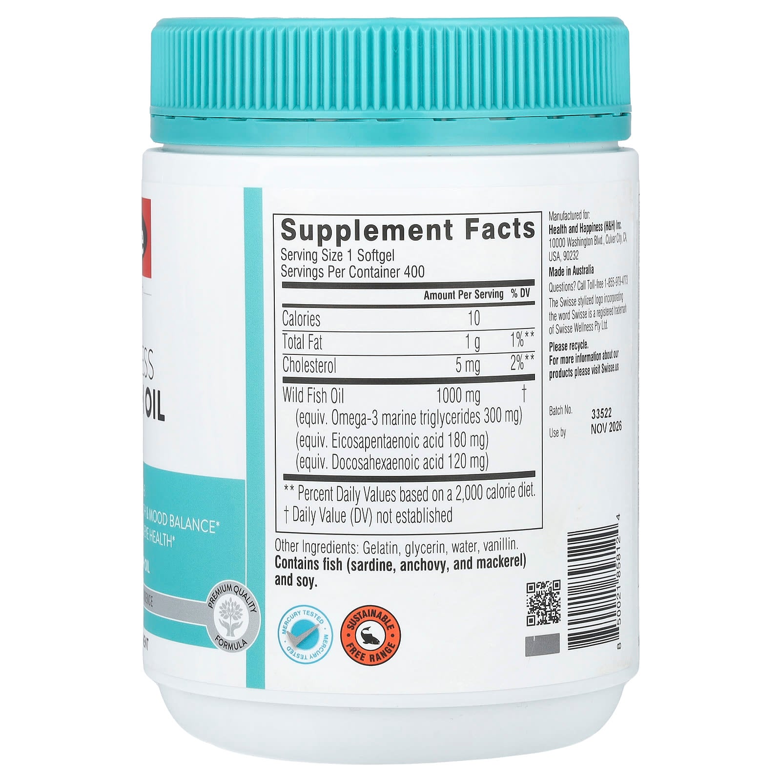 Swisse, Ultiboost®, Odorless Wild Fish Oil, 1,000 mg, 400 Softgels - Image 2