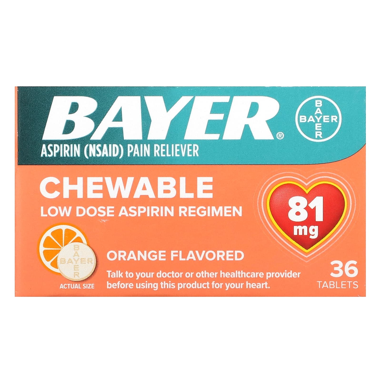 Bayer Orange Chewable Aspirin Pain Relief Tablets, 81mg, 36 Count - Image 1