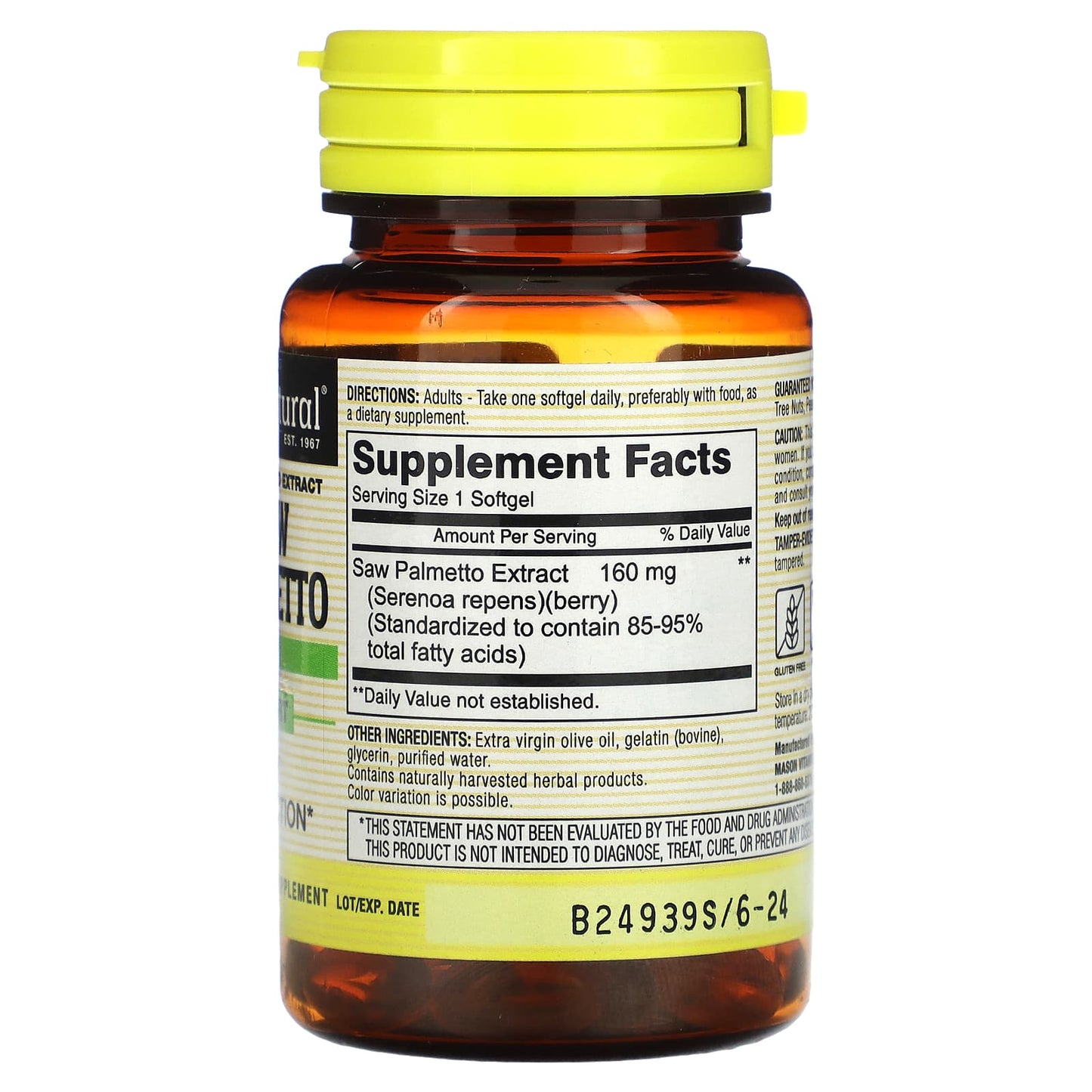 Mason Natural, Saw Palmetto, Standardized Extract, 60 Softgels (160 mg per Softgel) - Image 2