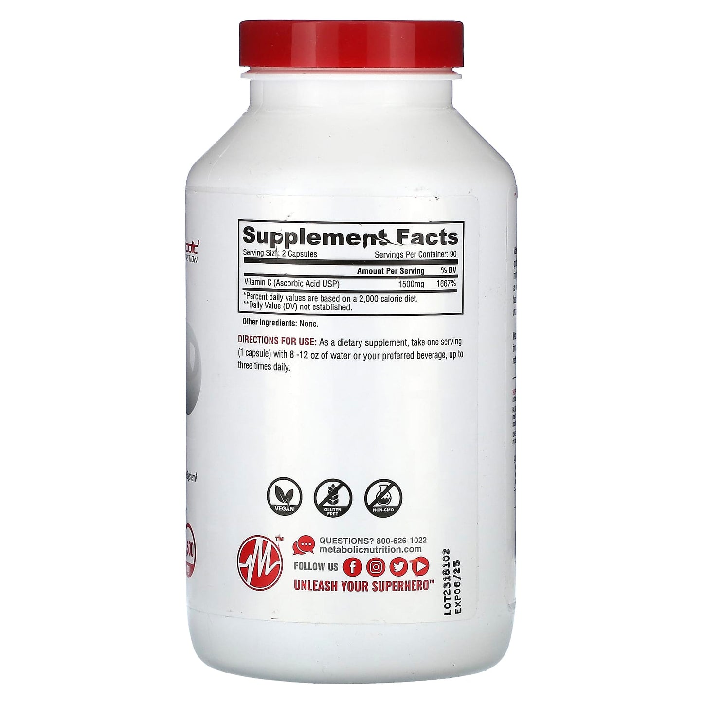 Metabolic Nutrition, Vitamin-C, 180 Capsules (750 mg per Capsule) - Image 2